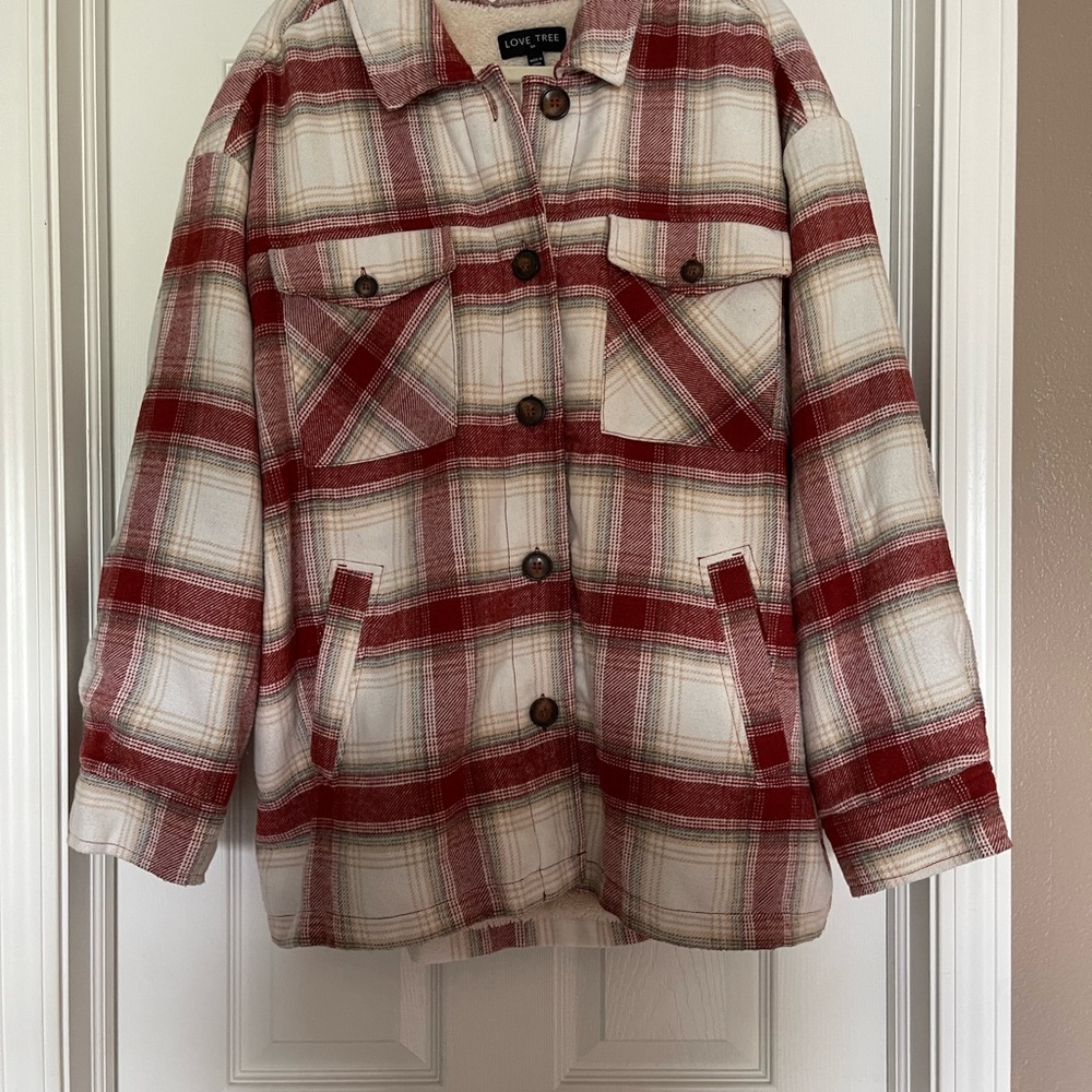 Love Tree Burgundy and Cream Plaid Shacket
